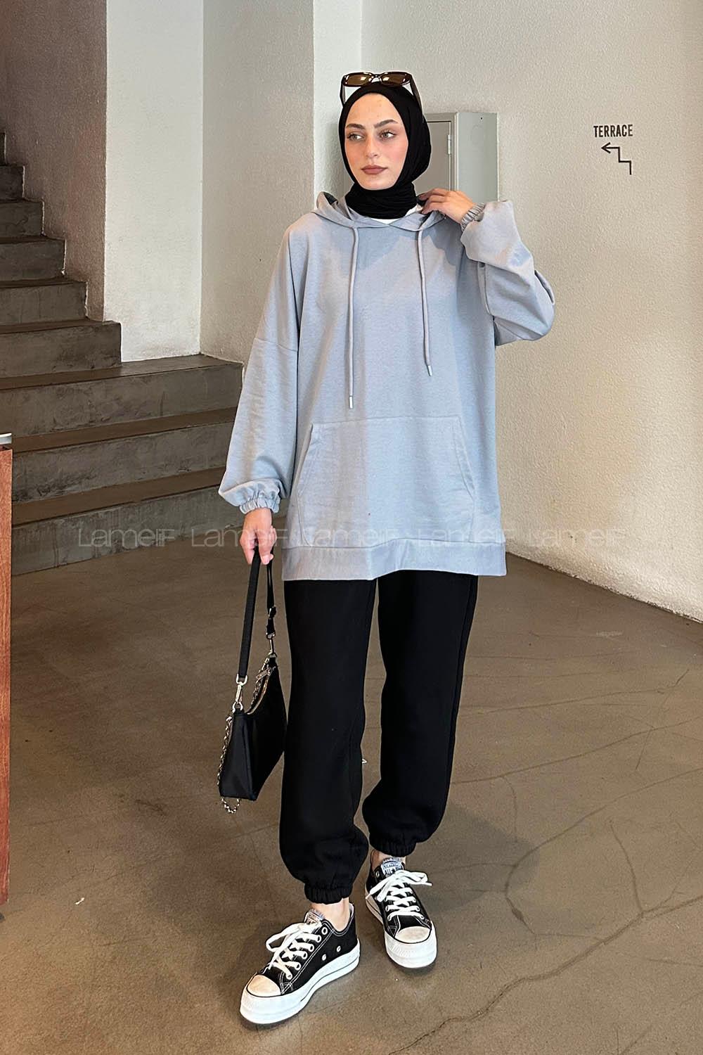 Lamelif  Karpuz Kol Sweatshirt Gri