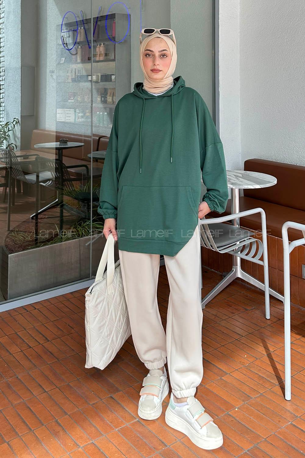 Lamelif  Karpuz Kol Sweatshirt  Yeşil