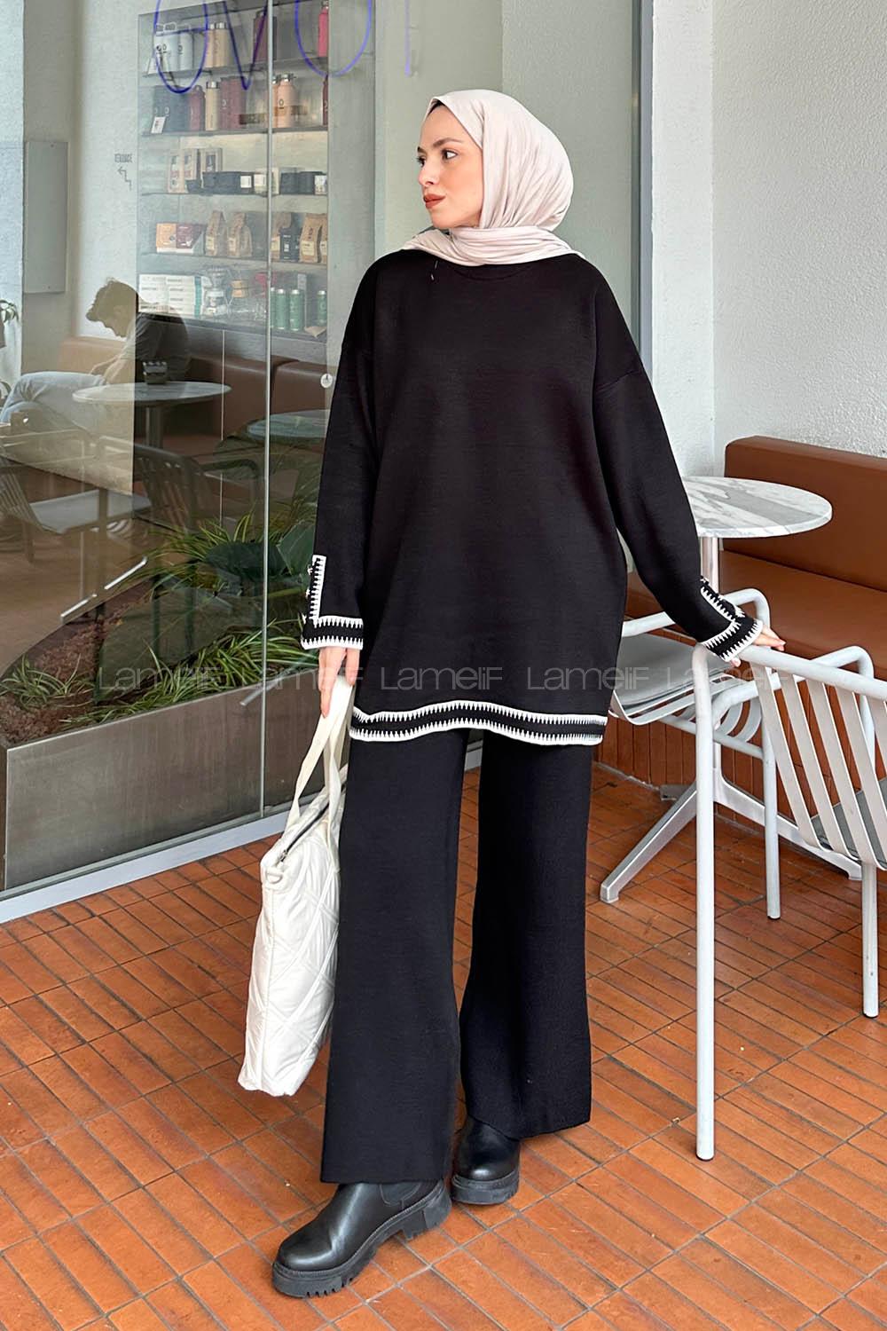 Lamelif Kol Düğme Detaylı Triko Tesettür Takım Siyah