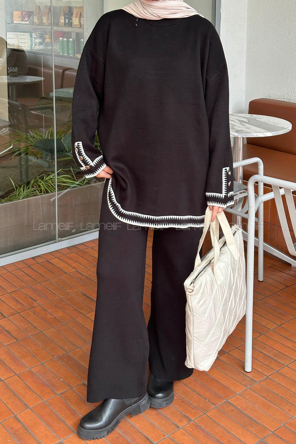 Lamelif Kol Düğme Detaylı Triko Tesettür Takım Siyah