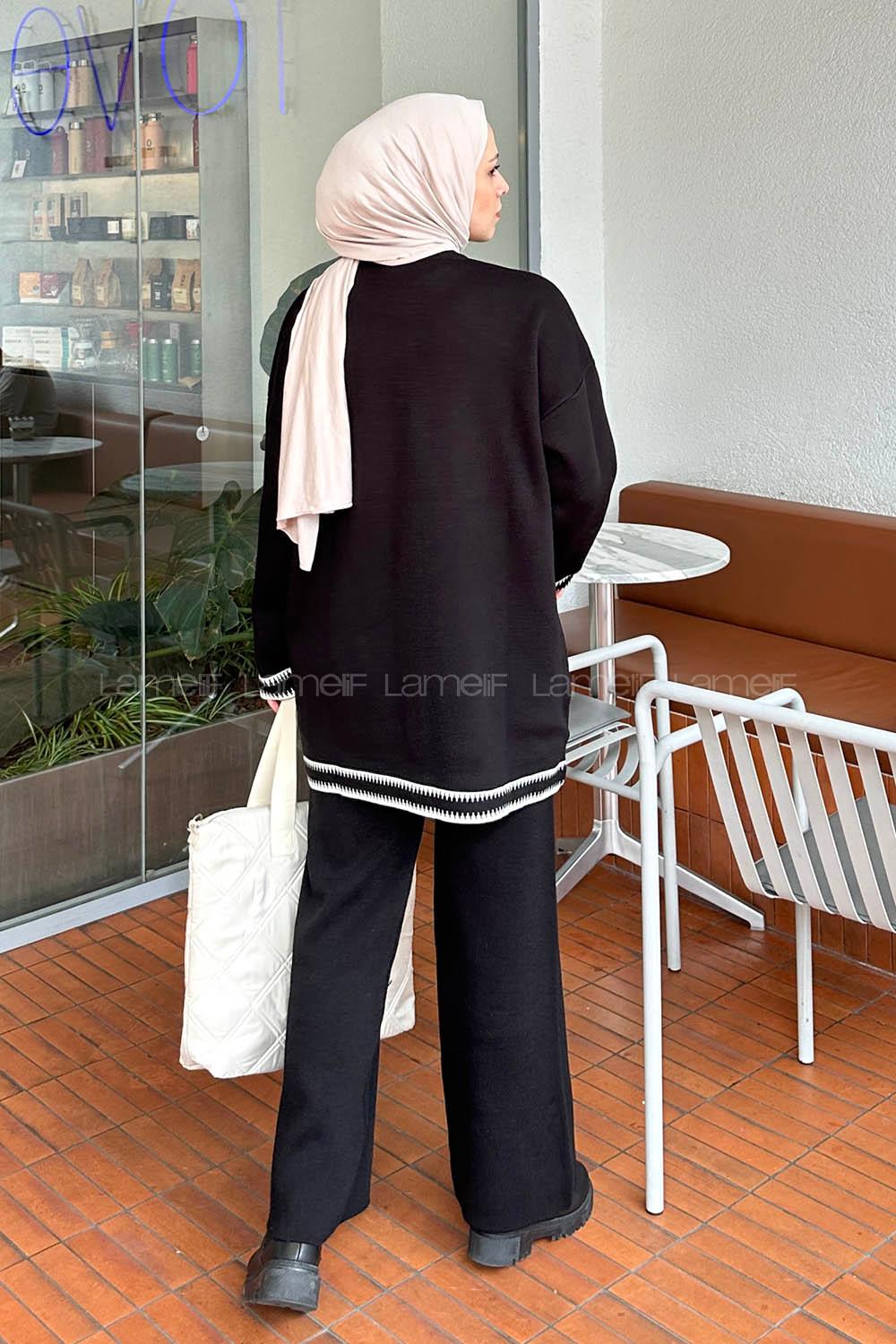 Lamelif Kol Düğme Detaylı Triko Tesettür Takım Siyah