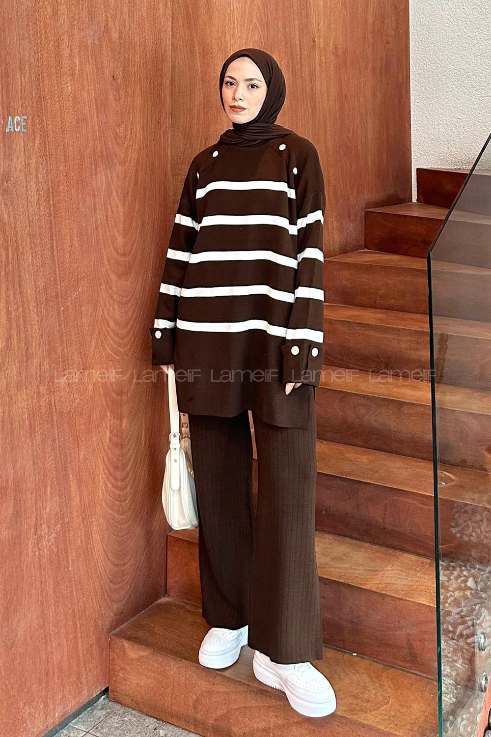 Bitter Brown Crew Neck Long Arm Knitwear Regular Trousers Comfortable Suit