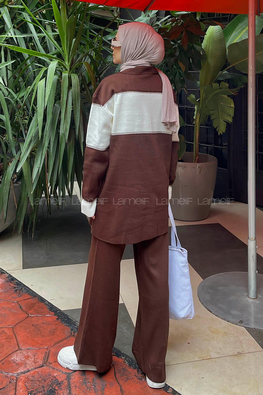 Lamelif Yakalı Önü Düğmeli Tasarım Triko Tesettür Takım Kahverengi