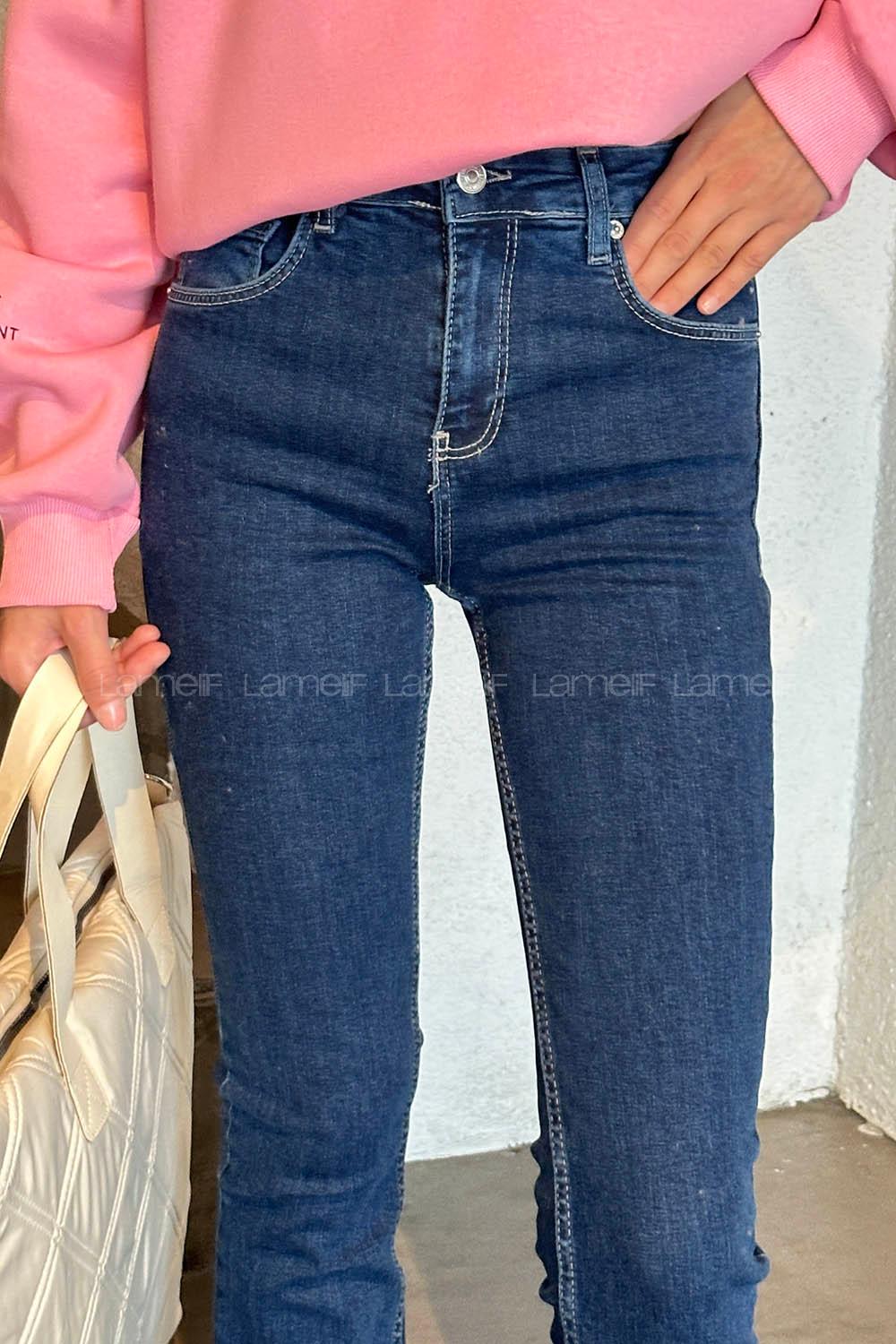 Lamelif Çift Cepli İspanyol Paça Kot Pantolon Koyu Mavi