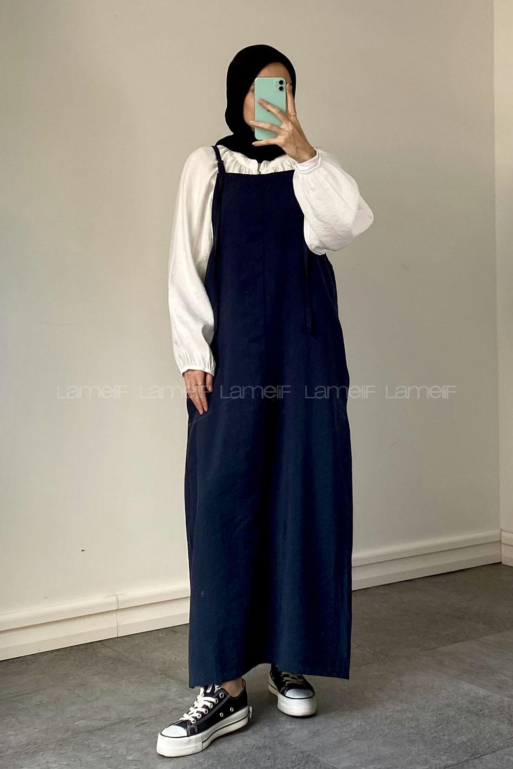 Lamelif Çift Cepli Askılı Tensel Jile Lacivert