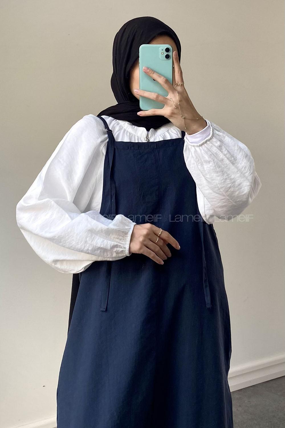 Lamelif Çift Cepli Askılı Tensel Jile Lacivert