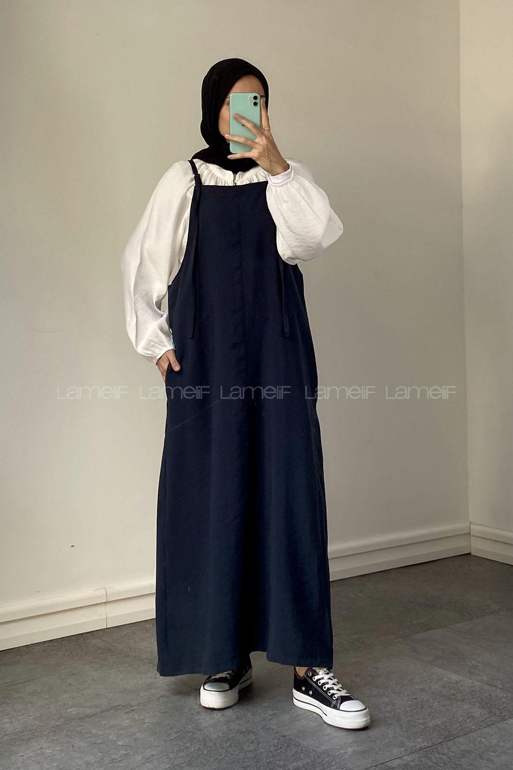 Lamelif Çift Cepli Askılı Tensel Jile Lacivert