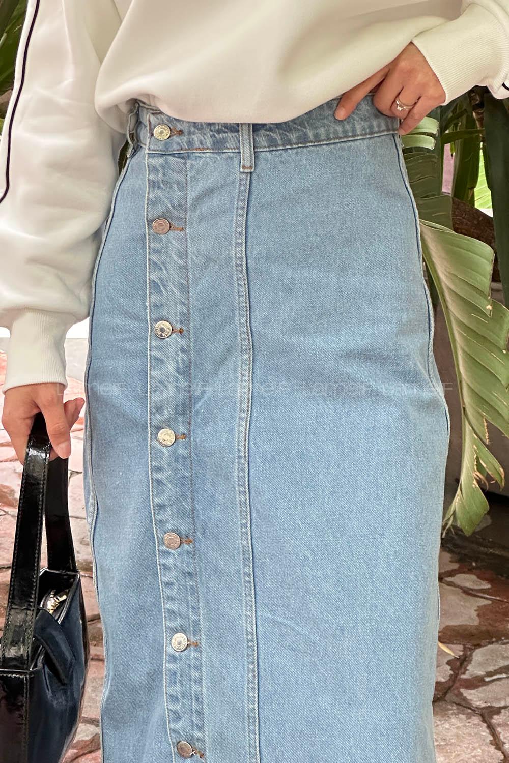 Lamelif Düğmeli Kot Etek Buz Mavisi