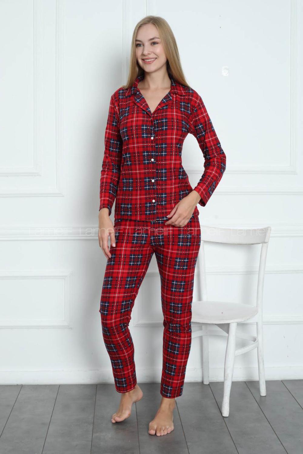 Lamelif Kırmızı Ekose Desen Düğmeli Pijama Seti