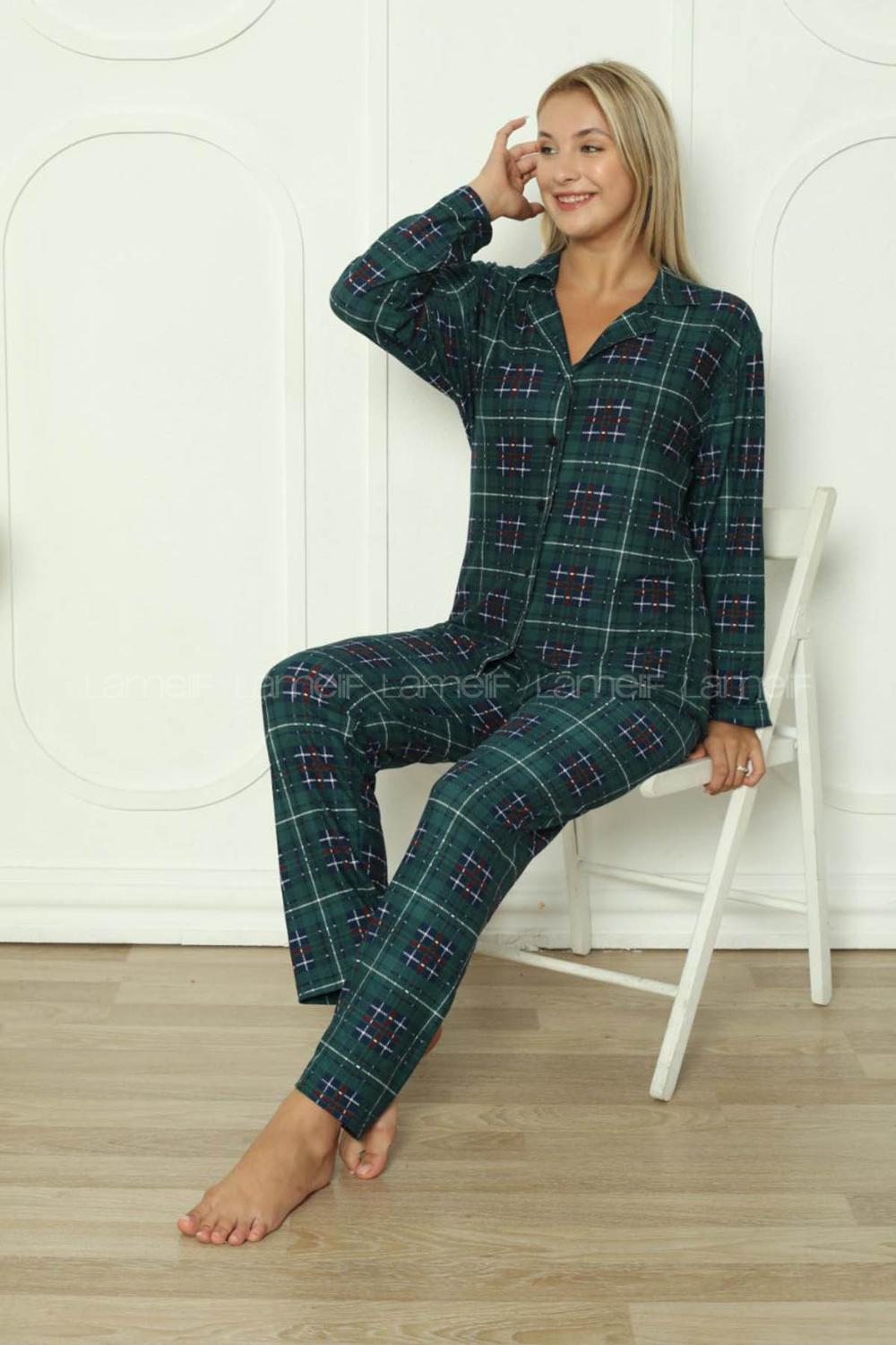 Lamelif Kırmızı Ekose Desen Düğmeli Pijama Seti