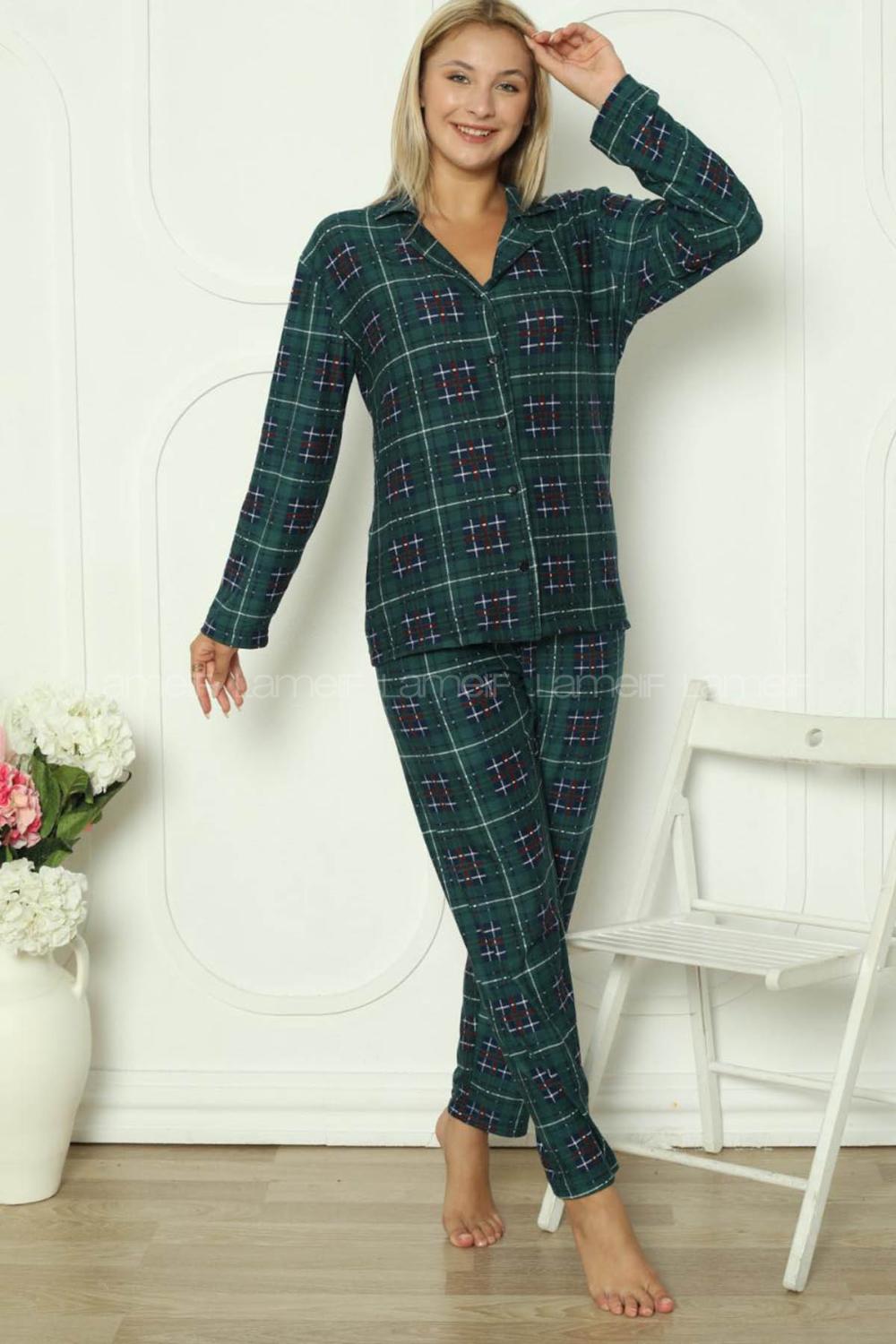 Lamelif Kırmızı Ekose Desen Düğmeli Pijama Seti