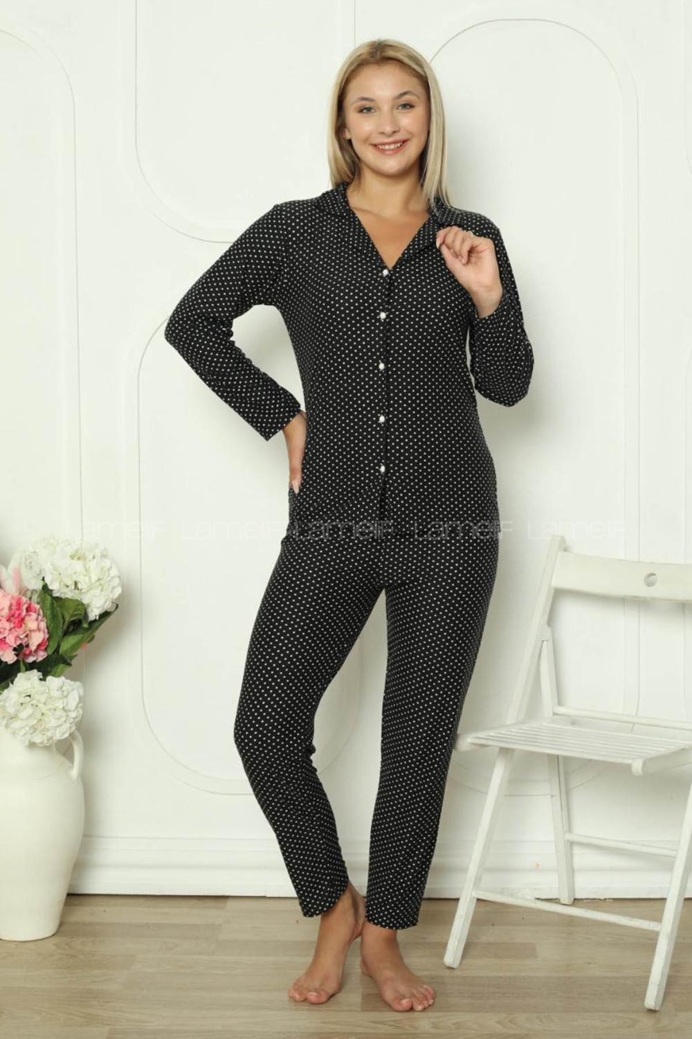 Lamelif Lacivert Puantiyeli Düğmeli Süet Kadın Pijama Seti