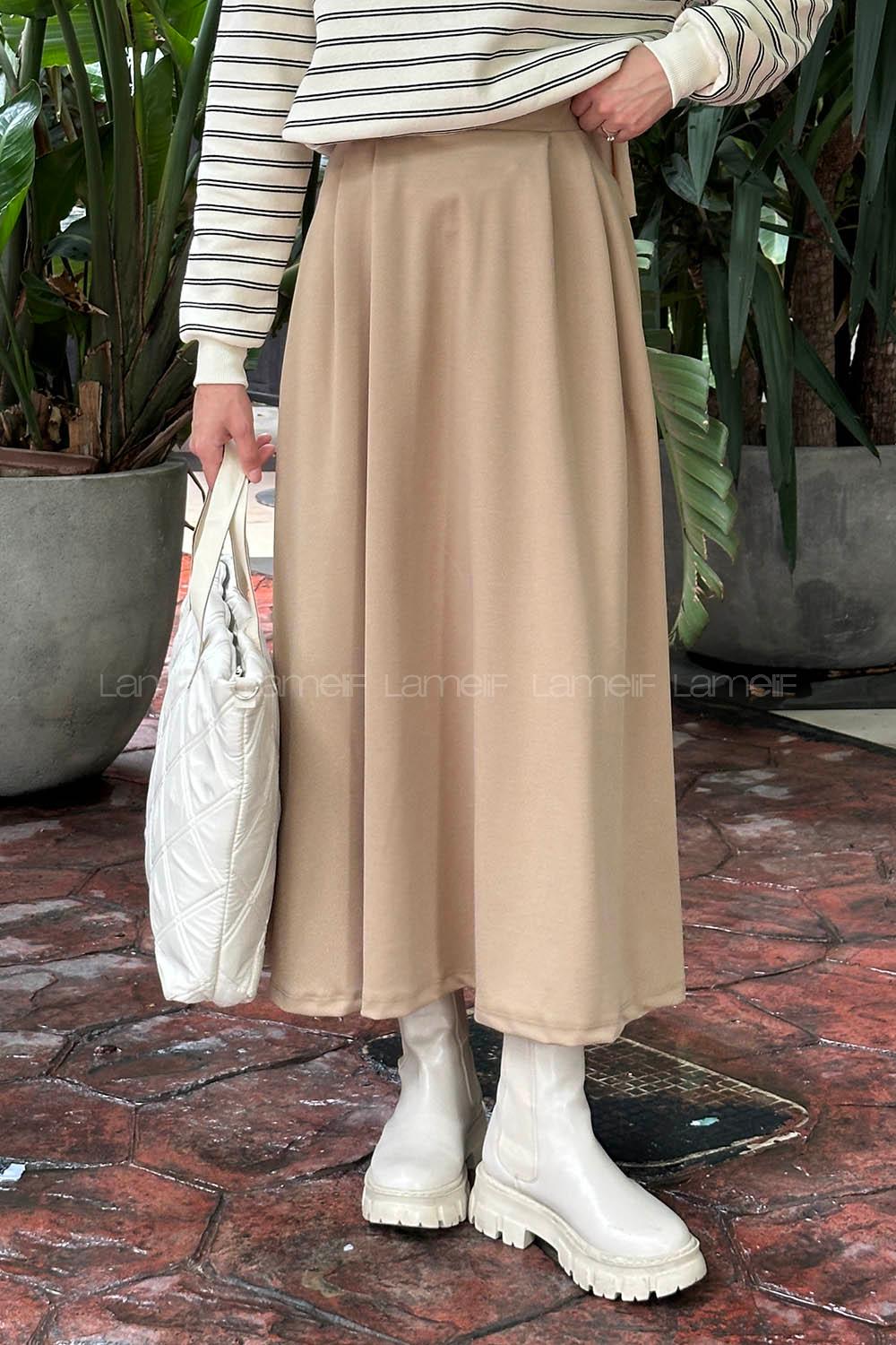 Lamelif Önü Pileli Scuba Kumaş Etek Bej