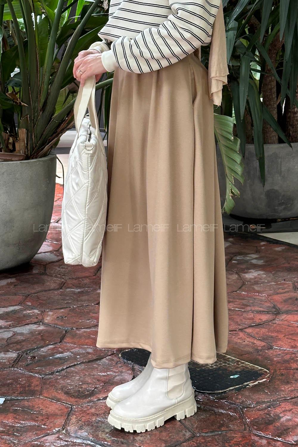 Lamelif Önü Pileli Scuba Kumaş Etek Bej