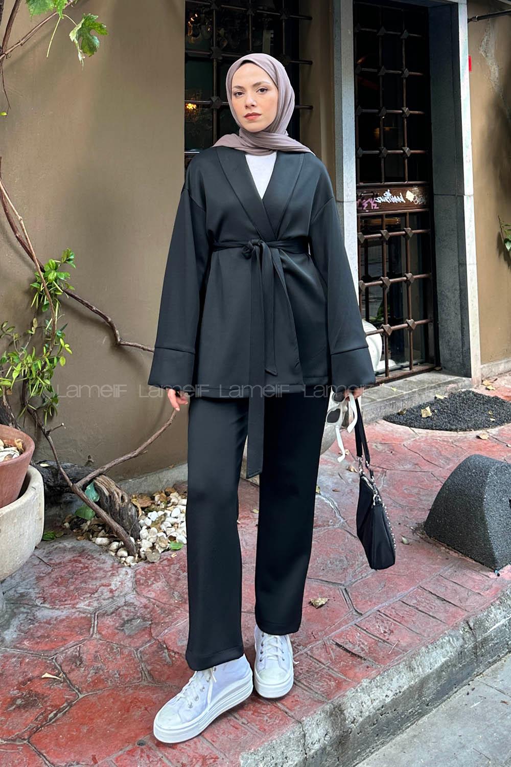 Lamelif Şal Yaka Scuba Tesettür Takım  Siyah