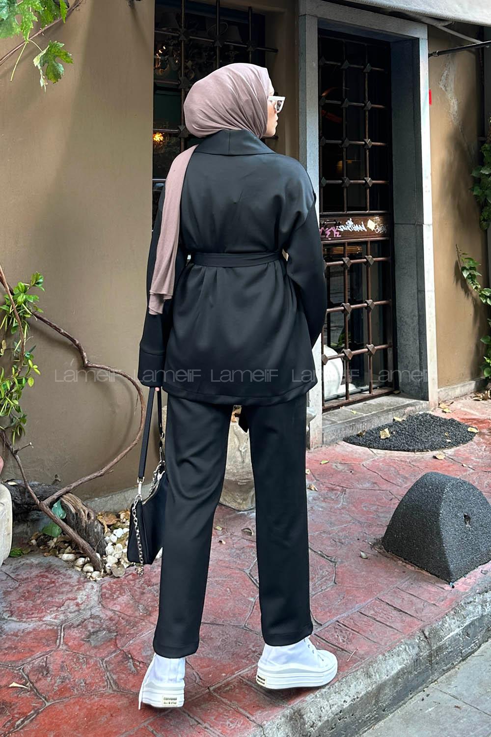 Lamelif Şal Yaka Scuba Tesettür Takım  Siyah
