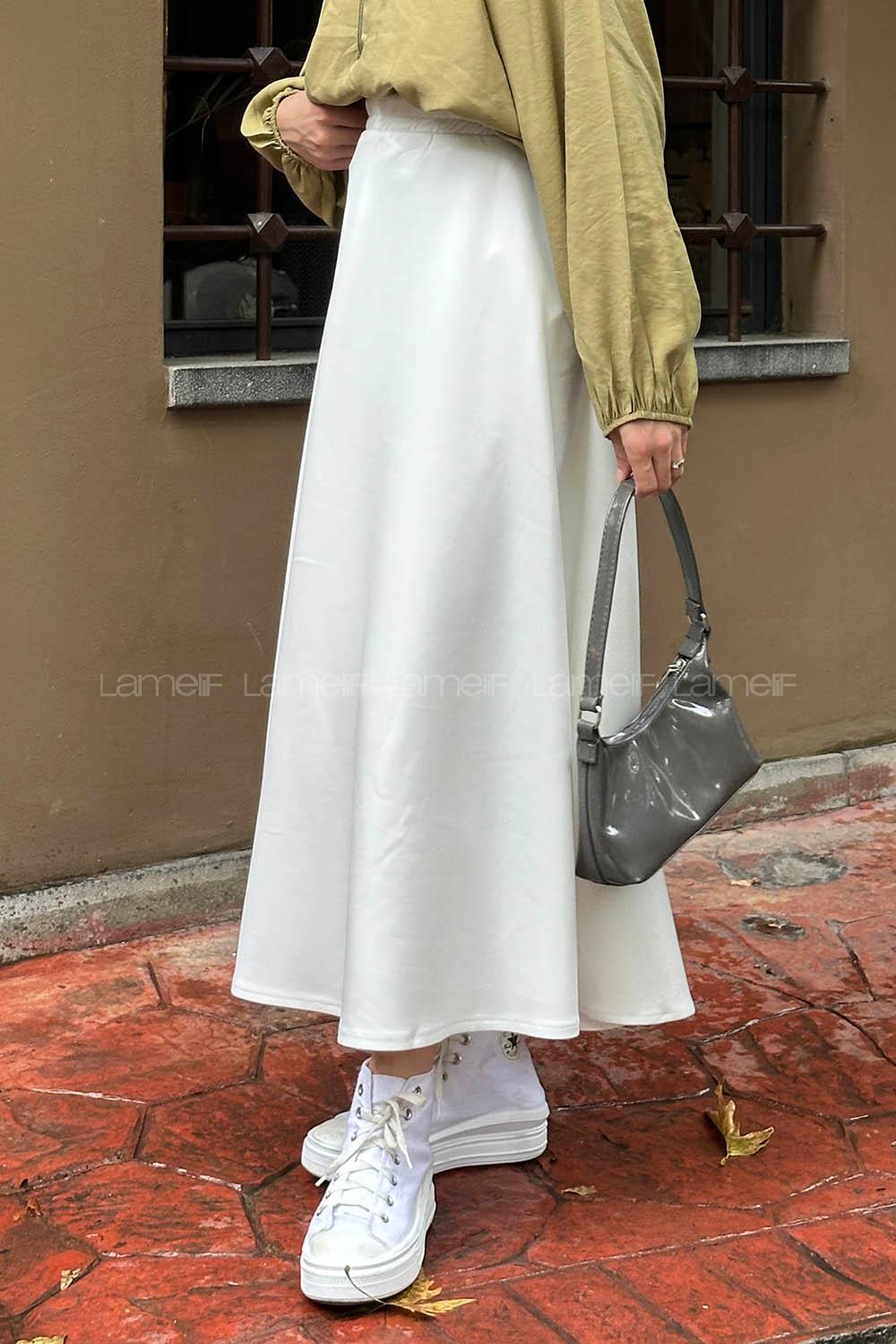 Lamelif Scuba Kumaş Kloş Etek Beyaz