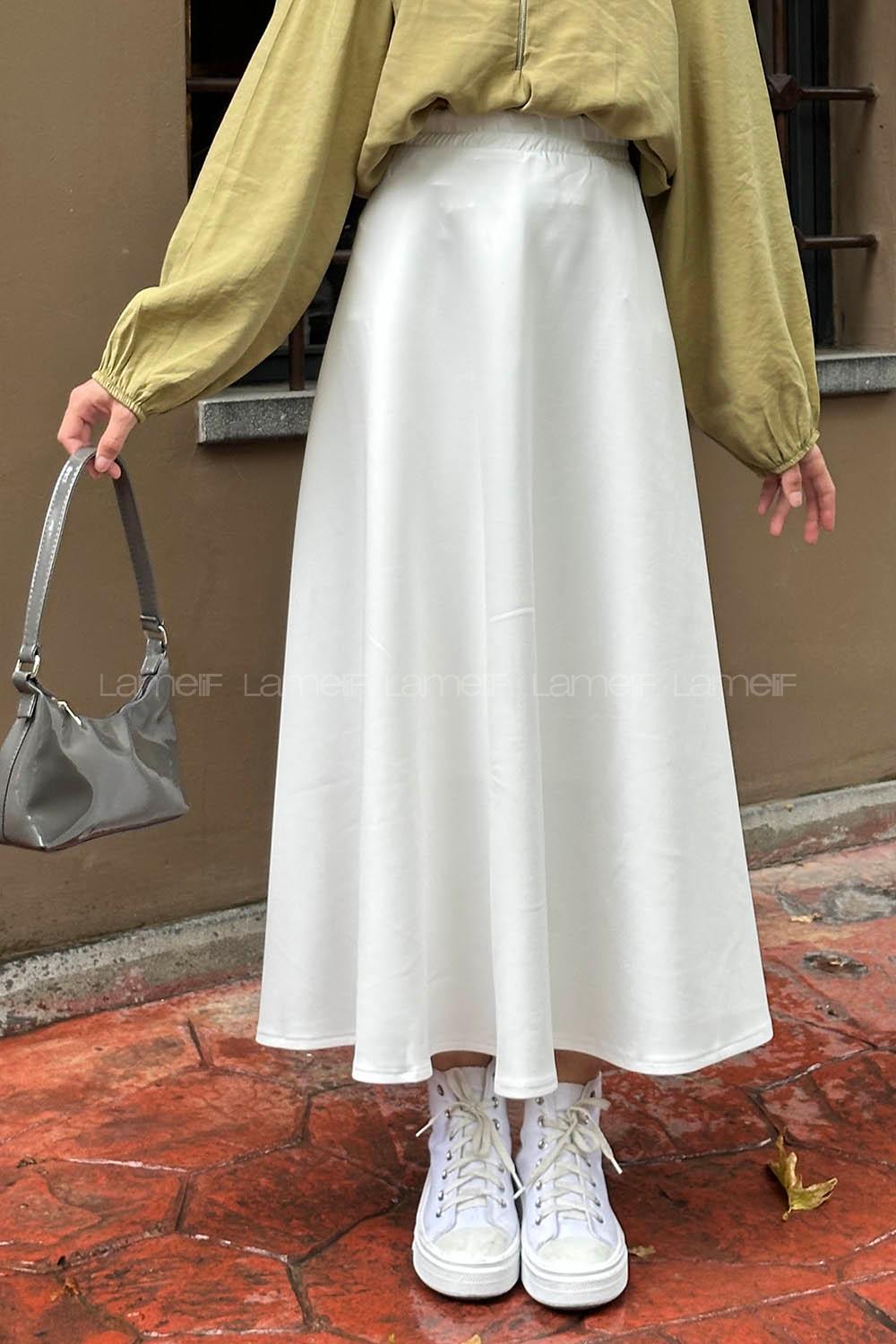 Lamelif Scuba Kumaş Kloş Etek Beyaz