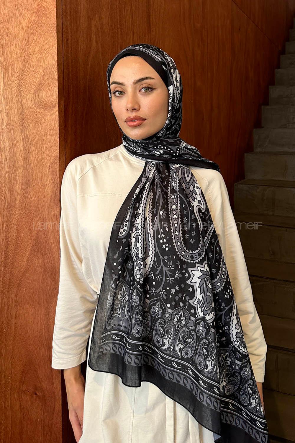 Lamelif Retro Desen Pamuk Şal Siyah