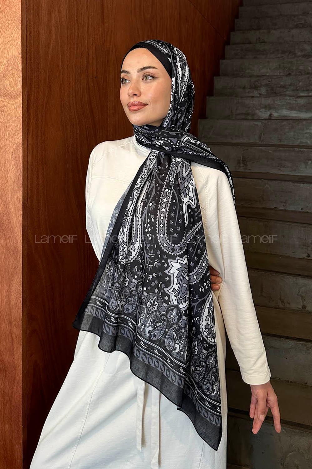 Lamelif Retro Desen Pamuk Şal Siyah