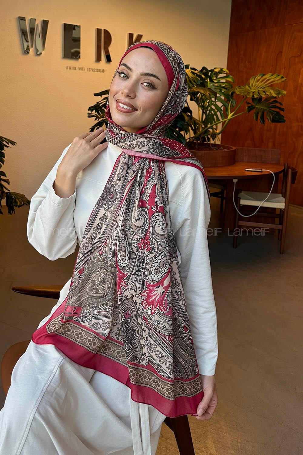 Lamelif Retro Desen Pamuk Şal Vişne