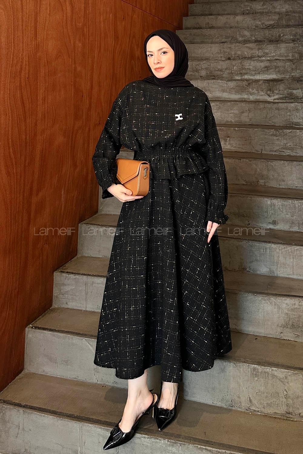 Lamelif Chanel Tasarım Sim İp İşlemeli Tesettür Takım Siyah