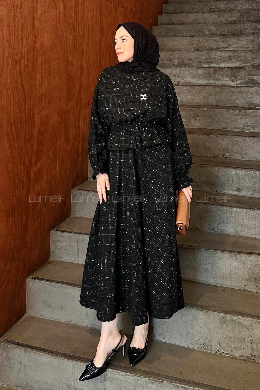 Lamelif Chanel Tasarım Sim İp İşlemeli Tesettür Takım Siyah