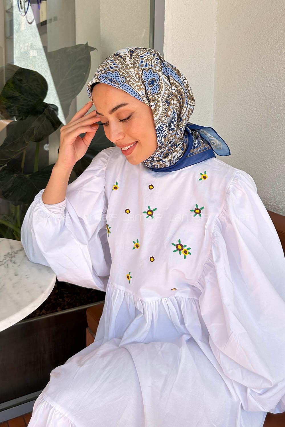 Lamelif Retro Desen Pamuk Eşarp Lacivert-Karamel