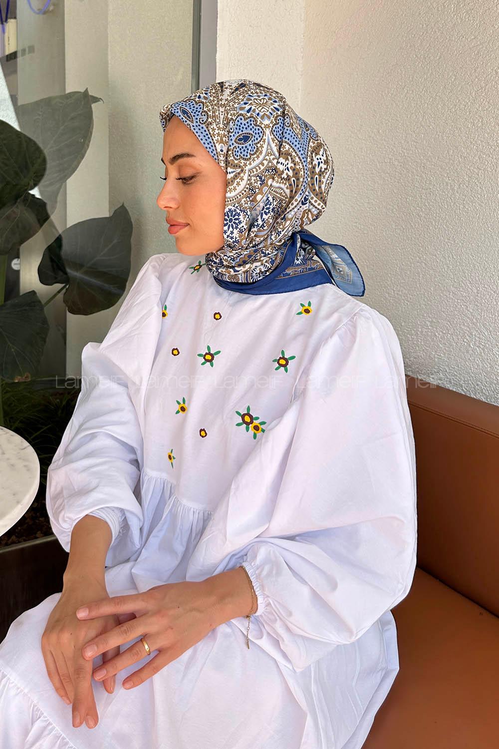 Lamelif Retro Desen Pamuk Eşarp Lacivert-Karamel