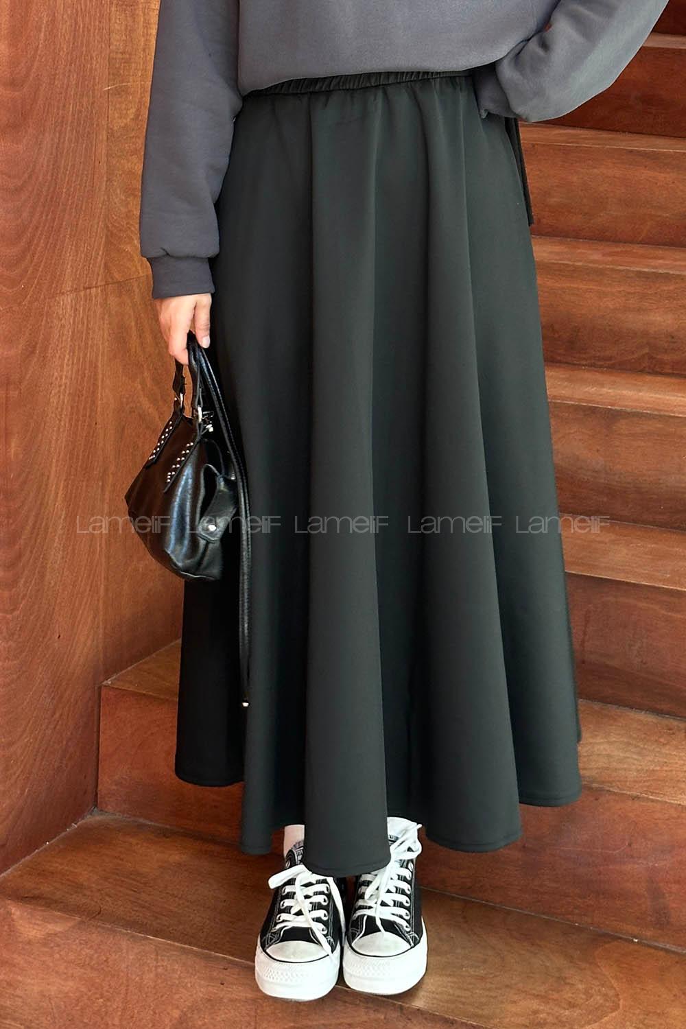 Lamelif Scuba Kumaş Kloş Etek Siyah