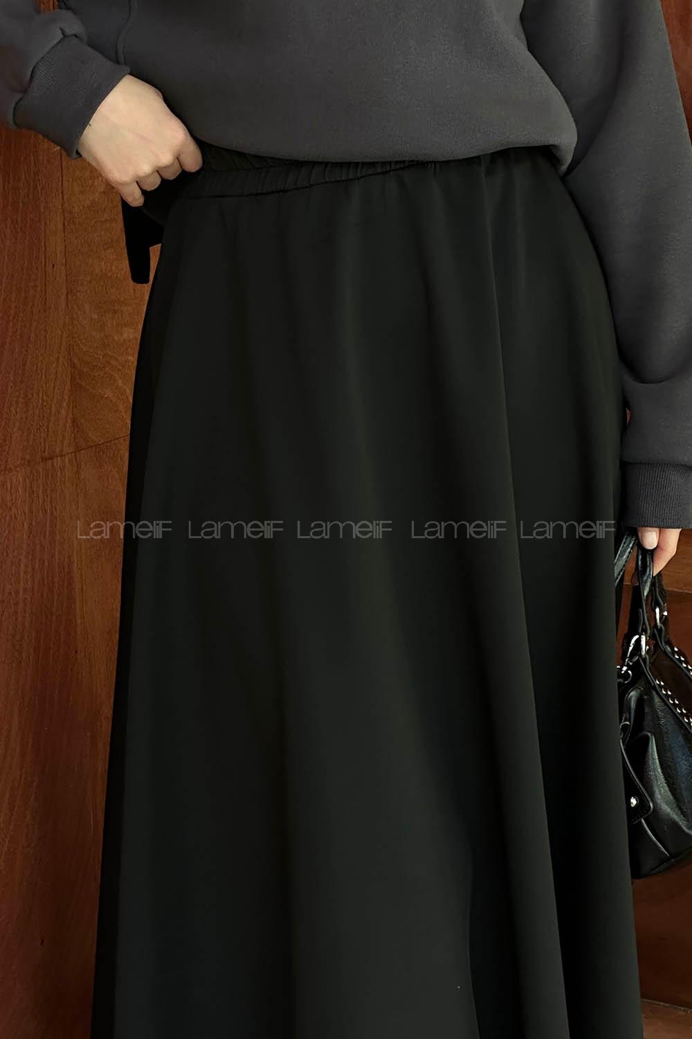 Lamelif Scuba Kumaş Kloş Etek Siyah