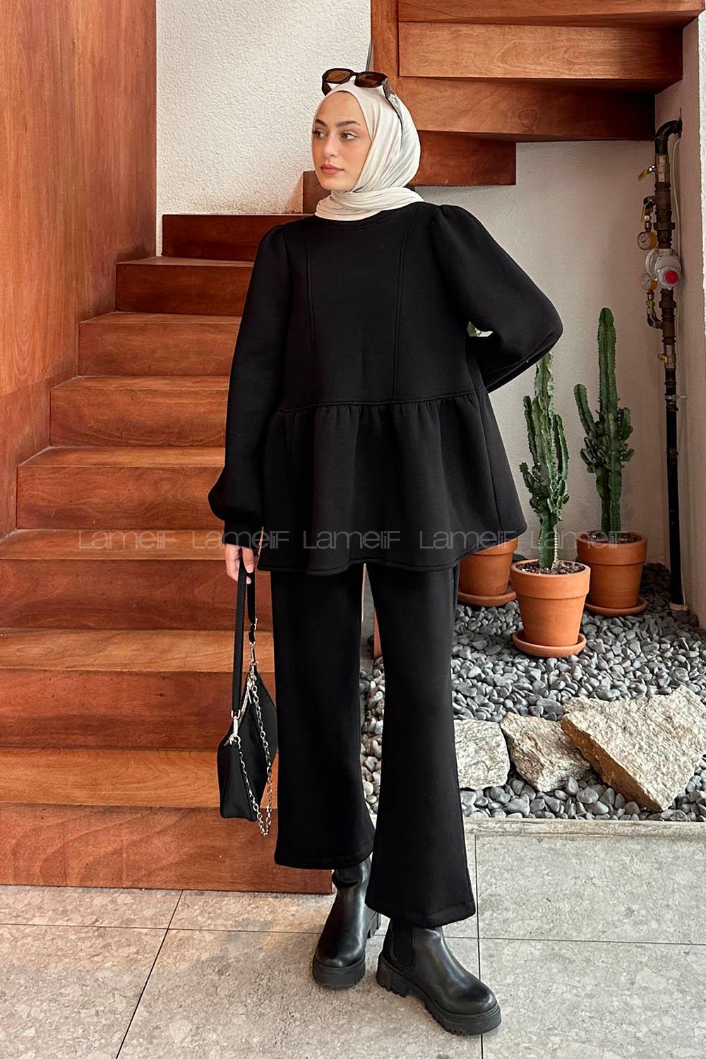 Lamelif Balon Kol Kuplu Üç İplik Tesettür Takım Siyah