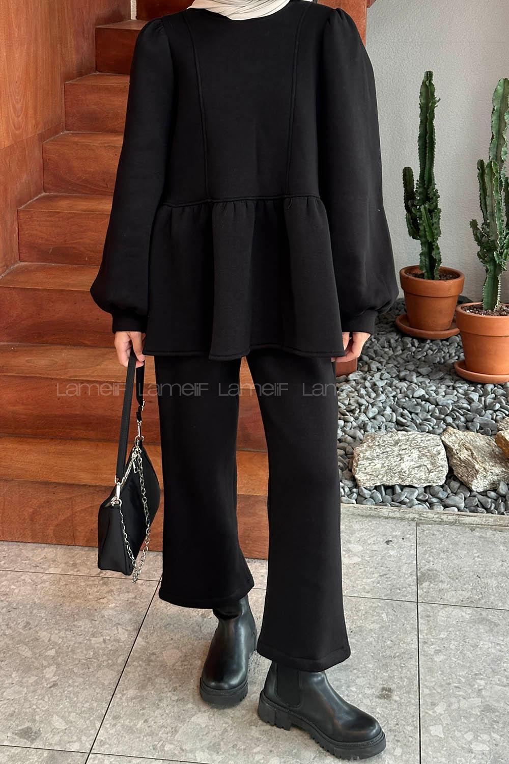 Lamelif Balon Kol Kuplu Üç İplik Tesettür Takım Siyah