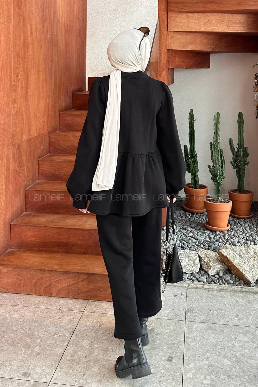 Lamelif Balon Kol Kuplu Üç İplik Tesettür Takım Siyah