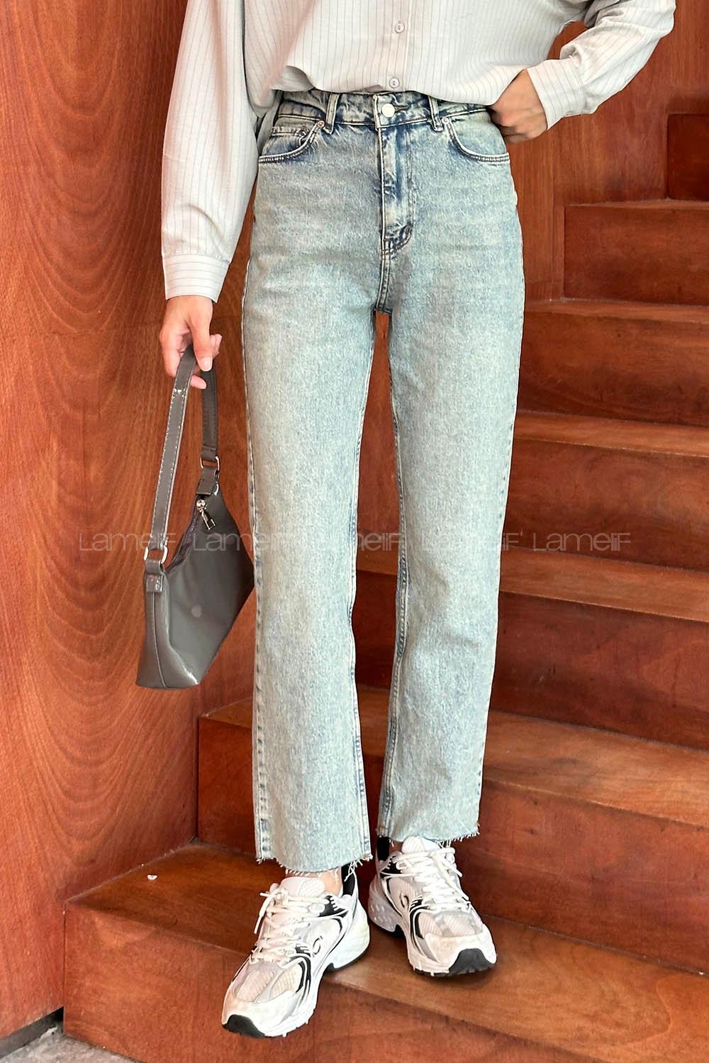 Lamelif Kesik Paça Fit Jean Eskitme Mavi