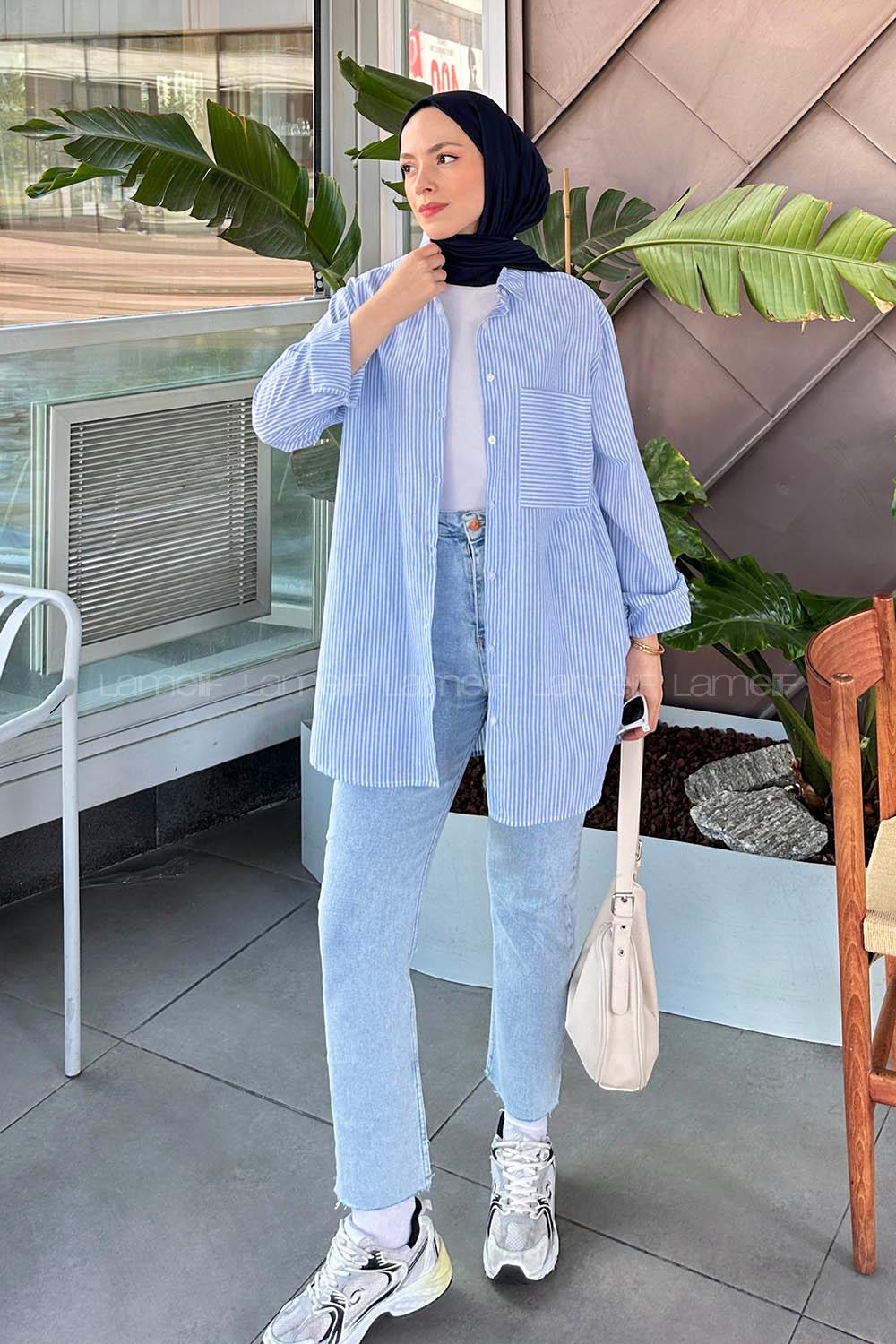 Lamelif Tek Cep Çizgili Gömlek Bebe Mavisi