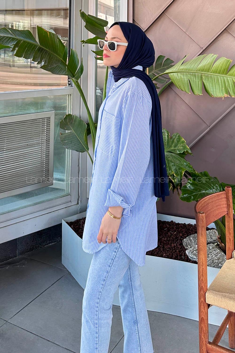 Lamelif Tek Cep Çizgili Gömlek Bebe Mavisi
