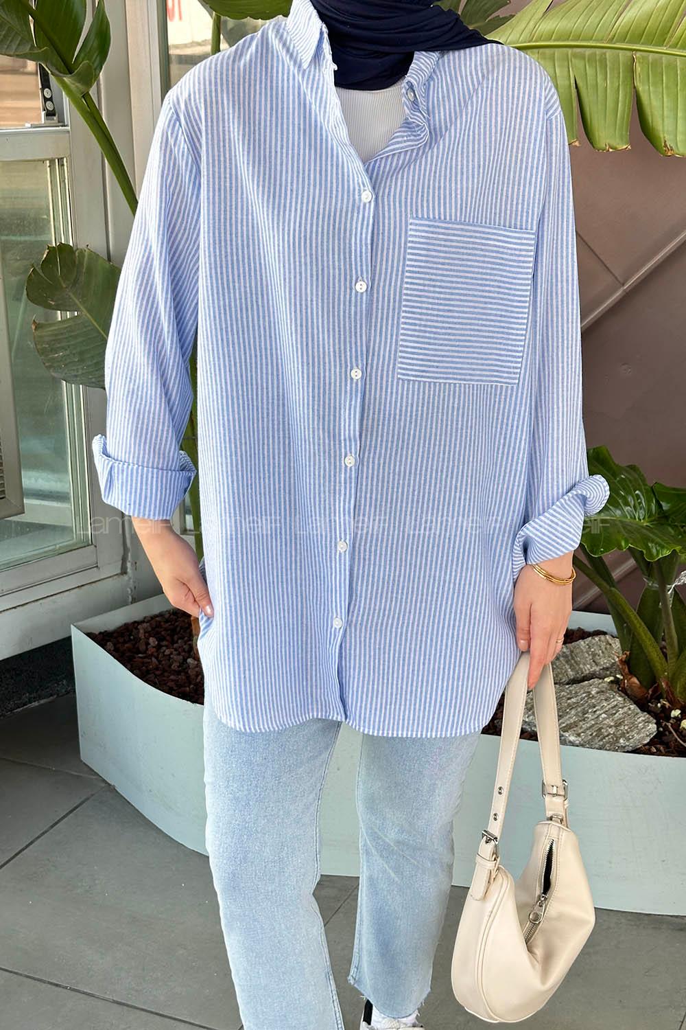 Lamelif Tek Cep Çizgili Gömlek Bebe Mavisi