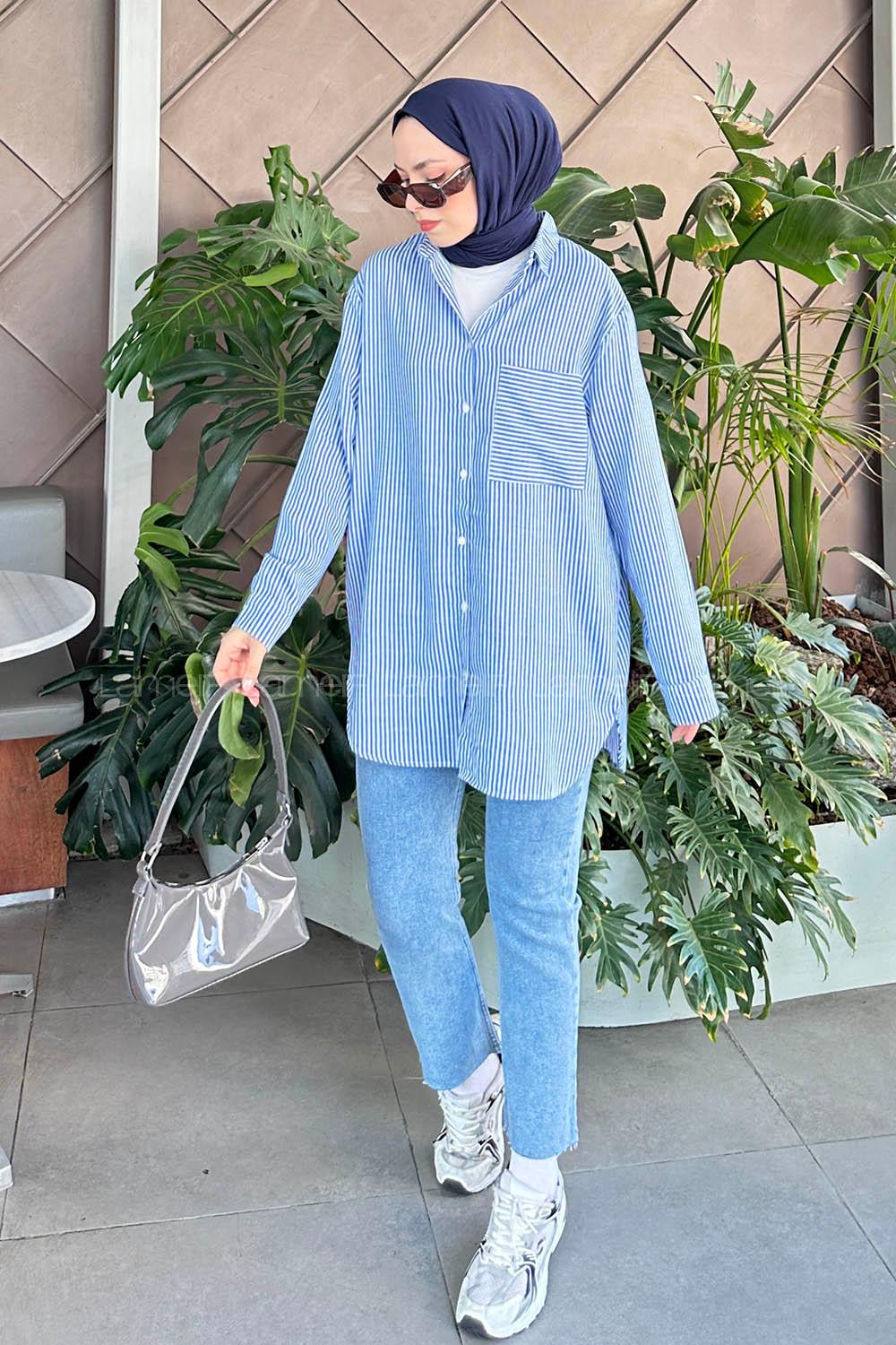 Lamelif Tek Cep Çizgili Gömlek Mavi