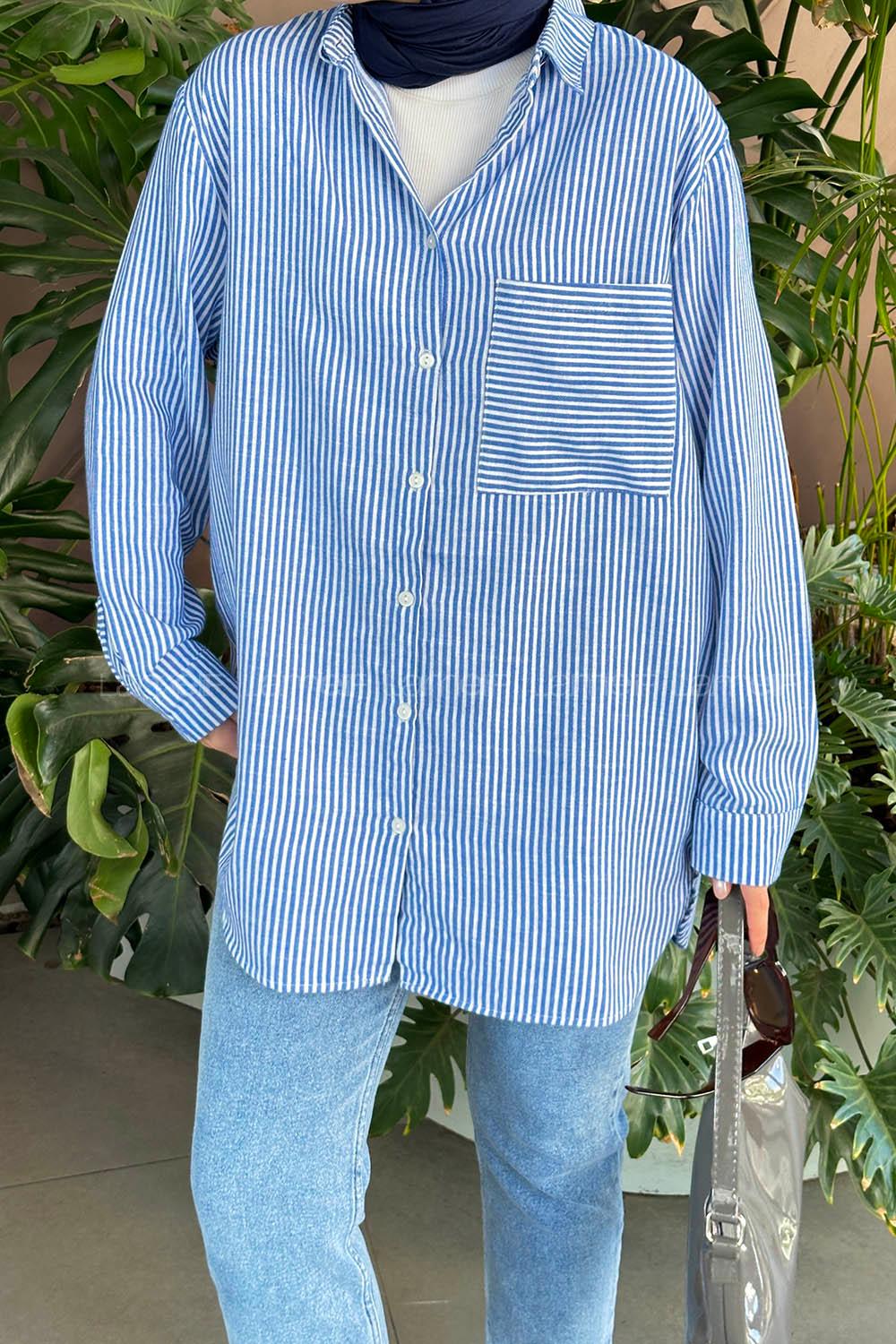 Lamelif Tek Cep Çizgili Gömlek Mavi
