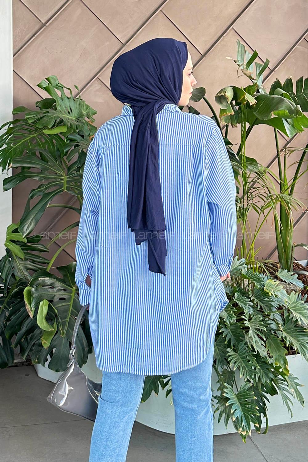 Lamelif Tek Cep Çizgili Gömlek Mavi