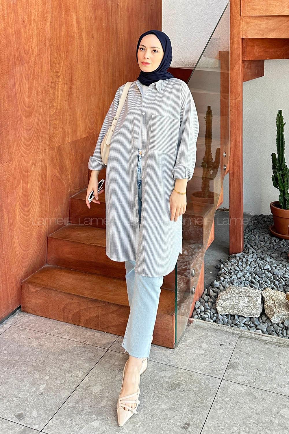 Lamelif Tek Cep Çizgili Tunik Gri