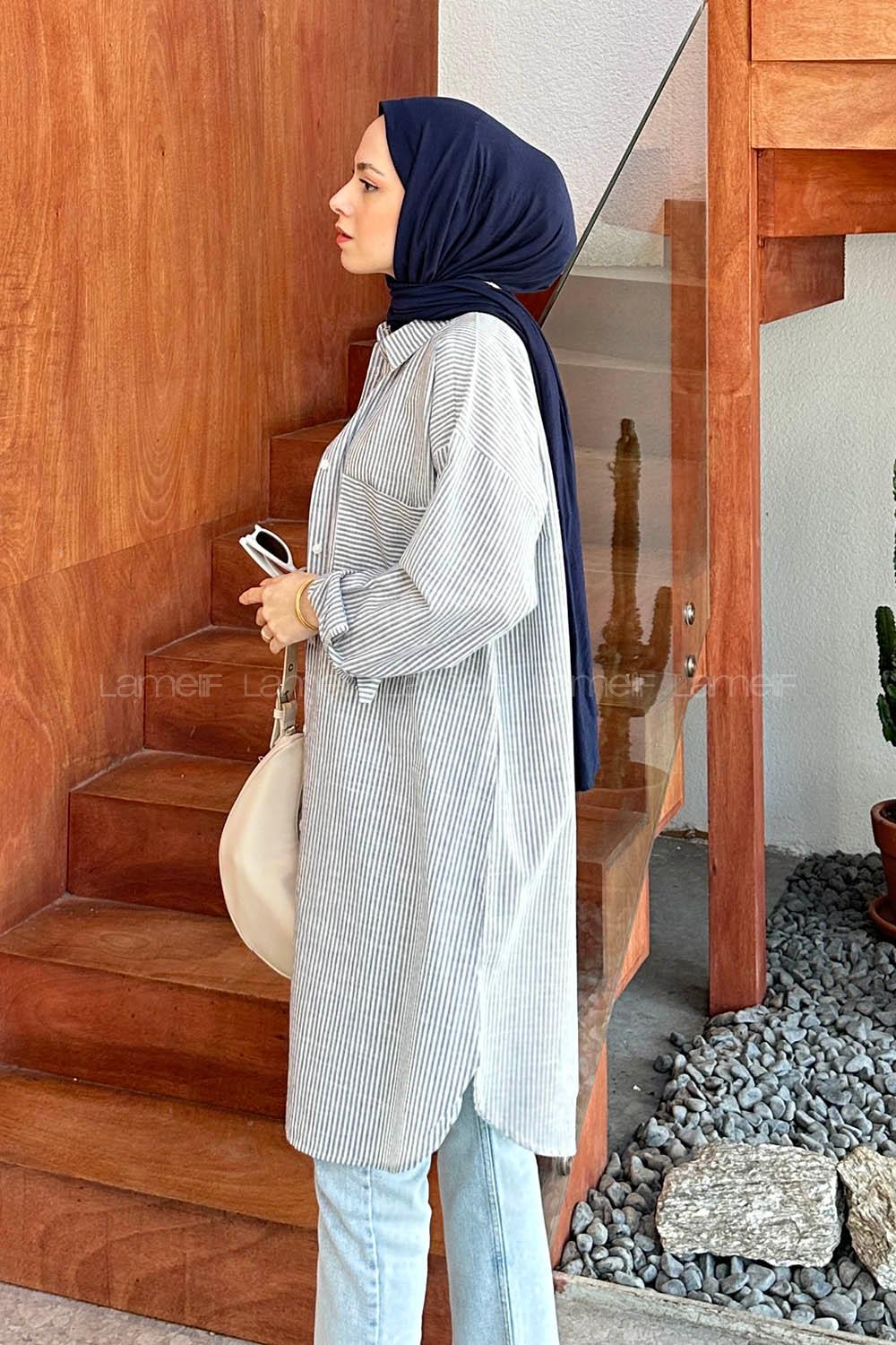 Lamelif Tek Cep Çizgili Tunik Gri