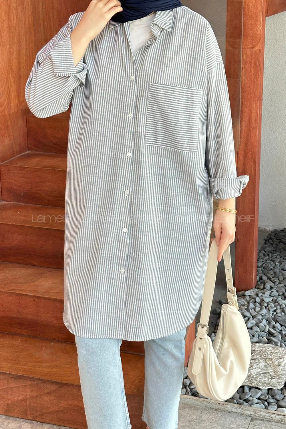 Lamelif Tek Cep Çizgili Tunik Gri