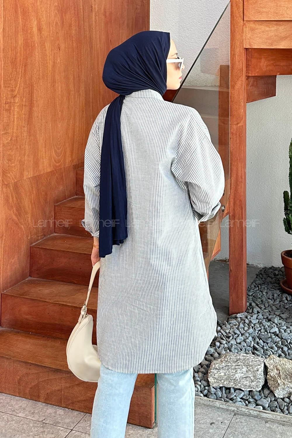 Lamelif Tek Cep Çizgili Tunik Gri