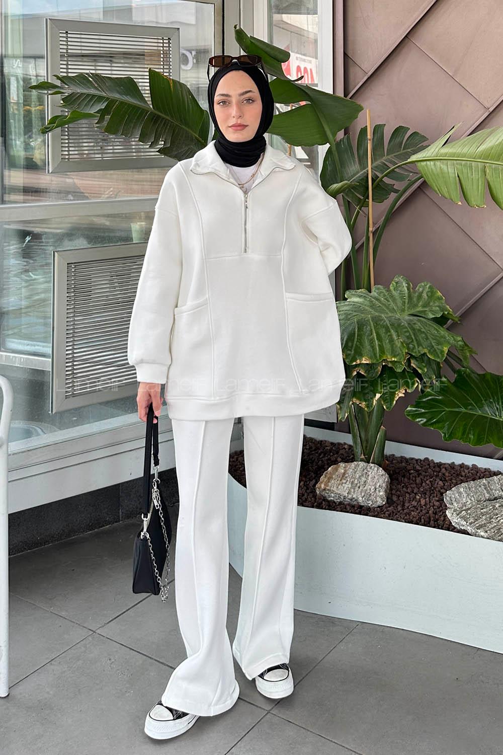 Lamelif Yarım Fermuarlı Üç İplik Tesettür Takım Beyaz