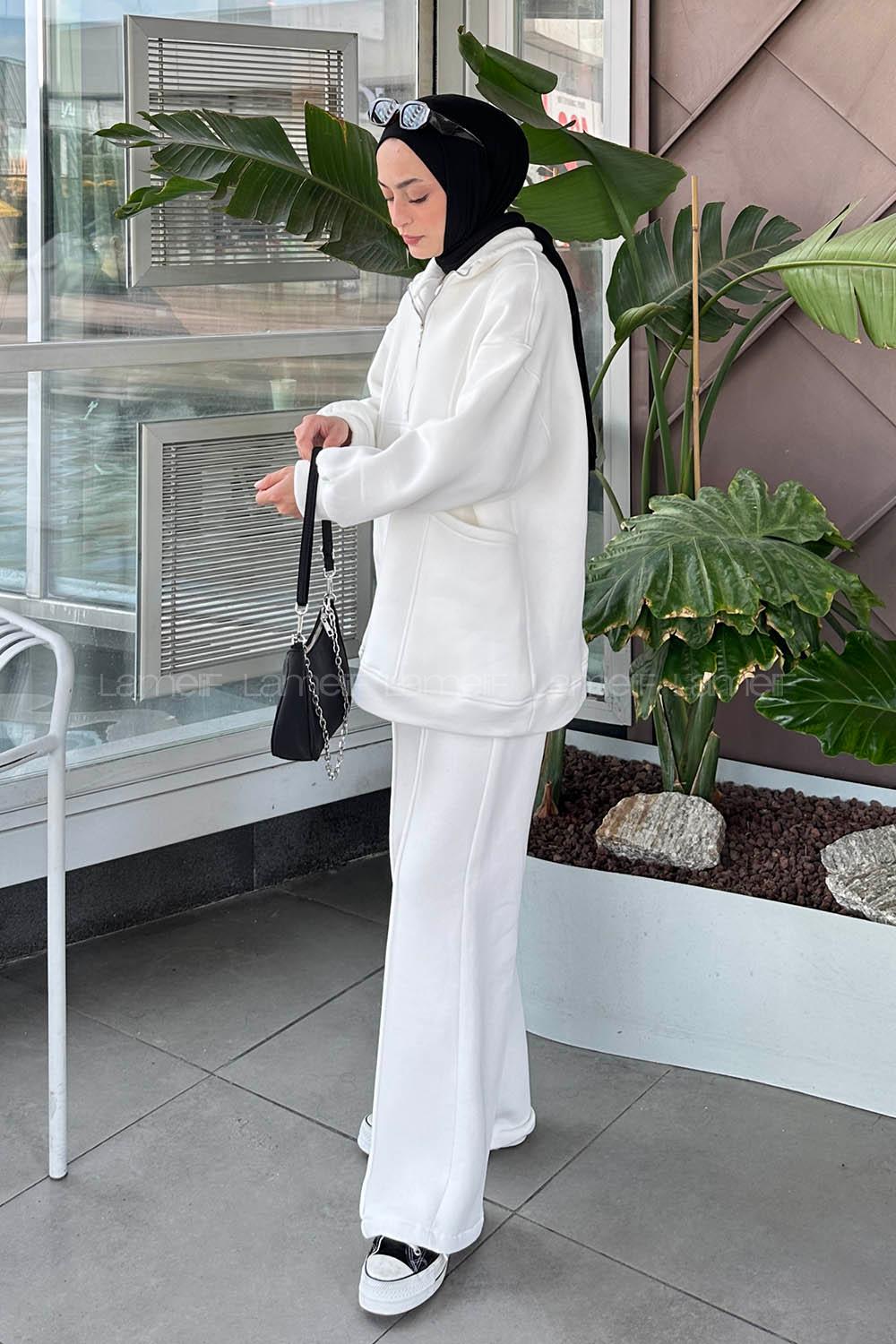 Lamelif Yarım Fermuarlı Üç İplik Tesettür Takım Beyaz