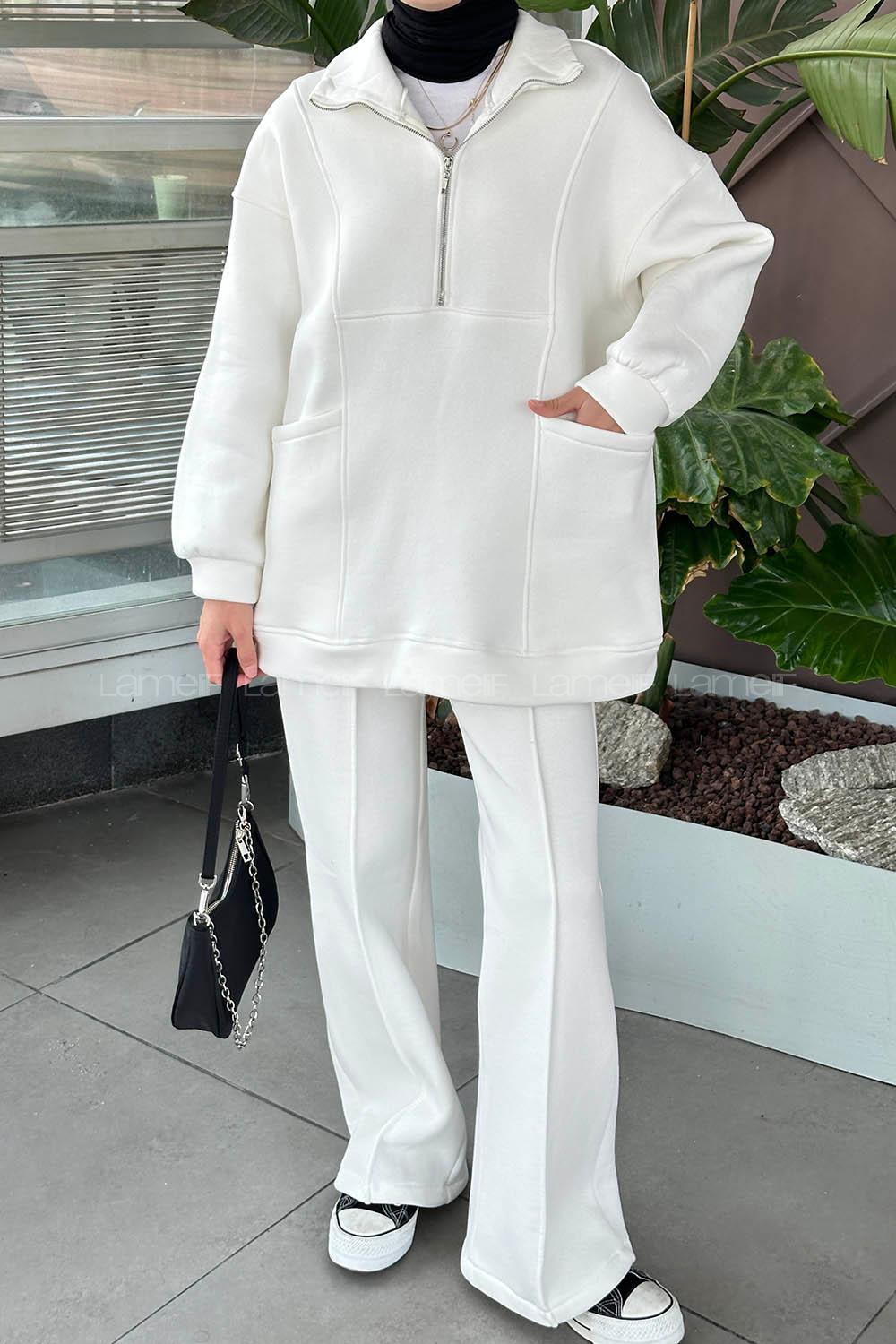 Lamelif Yarım Fermuarlı Üç İplik Tesettür Takım Beyaz