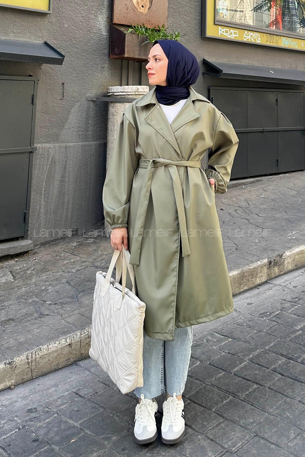 Lamelif  Kol Elastik Detaylı Trençkot Haki