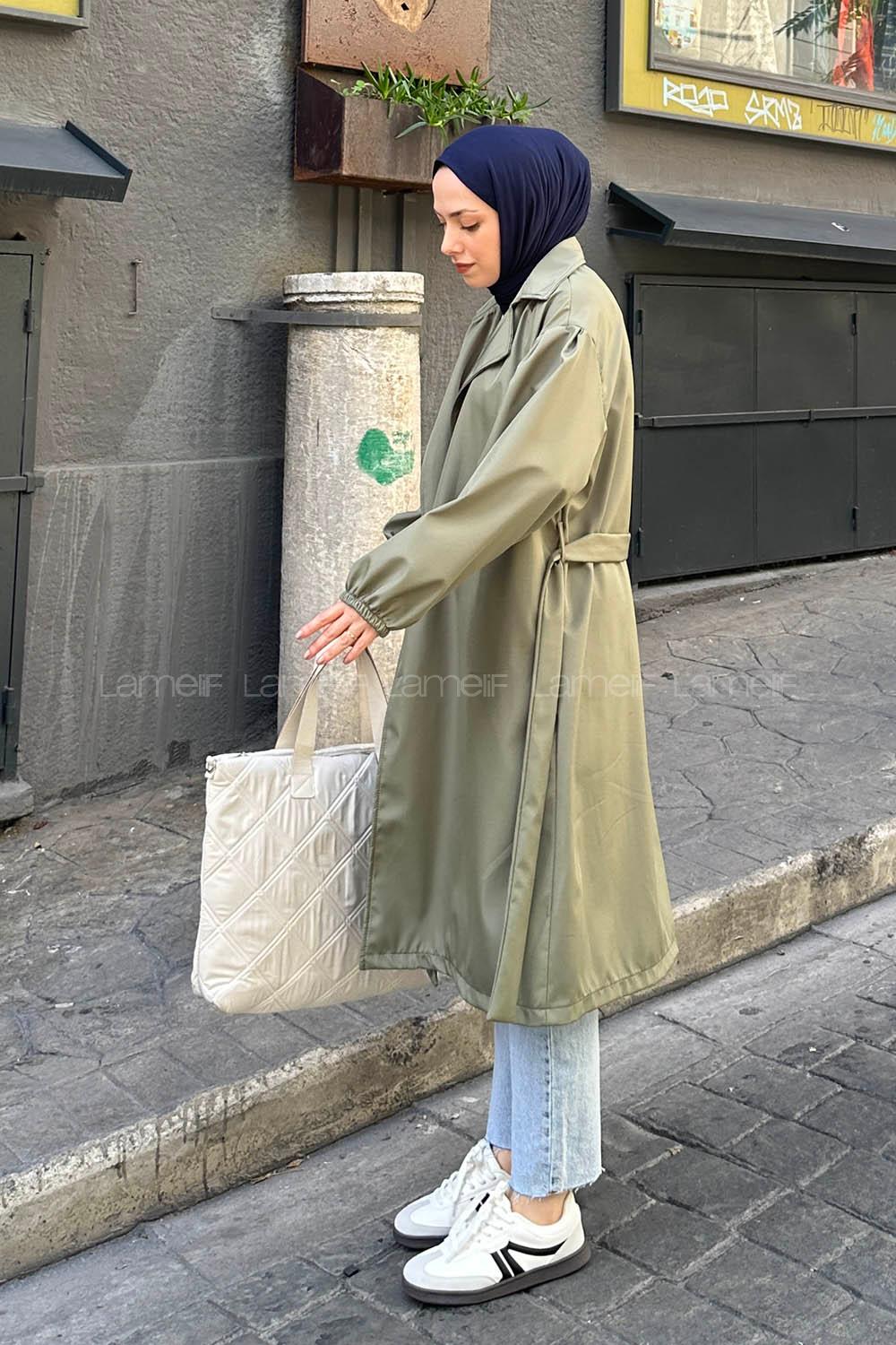 Lamelif  Kol Elastik Detaylı Trençkot Haki